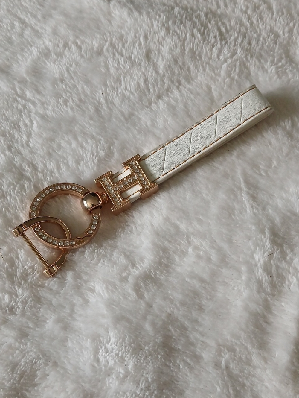 White Quilted Leather Keychain Bag Charm + "H" & Hoop Gold Crystal Accent NEW
